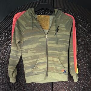 Damaged Aviator Nation camo neon stripe zip up hoodie XS